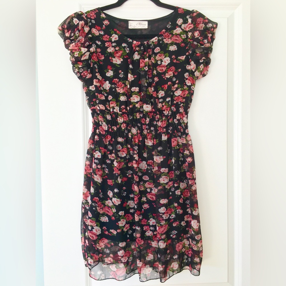 Floral Dress, Urban Behaviour, Size S, Black w/ Red & White Flowers, Sundress - Picture 1 of 9